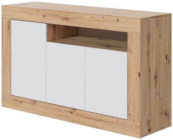 Habitdesign Anrichte mit 3 Türen, Buffet für Wohnzimmer, Beistellschrank, Modell Baltik, Weiß Artik und Nodi-Eiche, Maße: 144 cm (B) x 87 cm (H) x 42 cm (T)