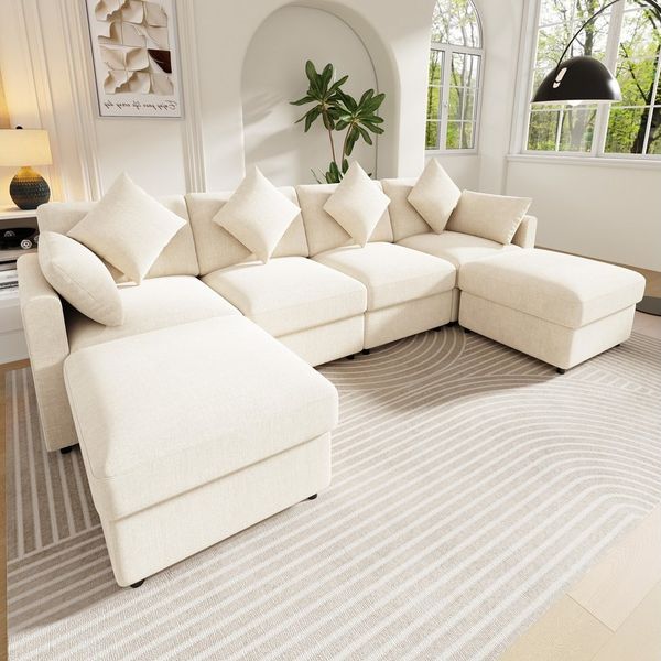 Merax Ecksofa aus Chenille, Modulares Sofa mit verstellbaren Armlehnen, für 4-6 Personen 1 Teile, U-/L-förmiges Sofa mit 2 Hockern, 4 Kissen & 2 Kopfstützen, wandelbar