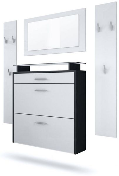 Vladon Garderobe Malea, Garderobenset bestehend aus 1 Hängeschuhschrank, 1 Wandspiegel und 2 Garderobenpaneele, Schwarz matt/Weiß matt