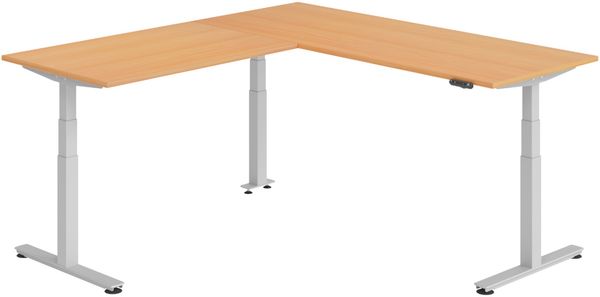 bümö Eckschreibtisch elektrisch höhenverstellbar L-Form: 200x220 cm in Buche, Gestell silber - Stehschreibtisch mit Memory-Steuerung, elektrischer XXL Schreibtisch für die Ecke, XDSMW-2014-6-S