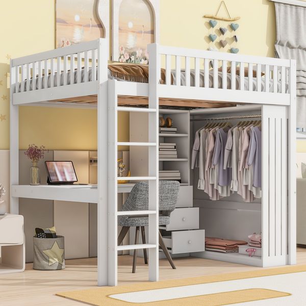 Hochbett, 140*200cm , Schreibtisch, Kleiderschrank, 3 Schubladen, offener Stauraum, Geländer, Treppe, Ohne Matratze, Weiß