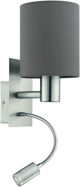 EGLO Wandlampe Bett Pasteri, Textil Wandleuchte Schlafzimmer mit LED Leseleuchte, Leselampe Wandmontage aus Metall in Silber und Stoff in Anthrazit Braun, E27 Fassung