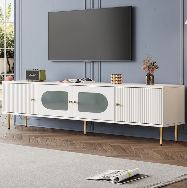 TV-Board 170 x 35 x 50 cm in Weiß mit 4 Türen, Kabelmanagement und goldfarbenen Beinen