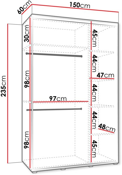 Kleiderschrank Dyzzer 3 150 cm mit 3 Schiebetüren, Frontspiegel, 2 Kleiderstangen (Farbe: Weiß) Bild 5