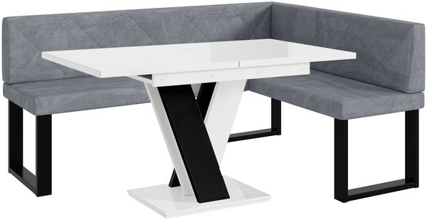MEBLINI Eckbank für Esszimmer mit ausziehbarem Tisch - Küchenbank - Essecke - Sitzecke Küche - ERIC - U-Beine 128x168x87cm Rechts - Grau Samt/M Weiß-Schwarz Hochgl.