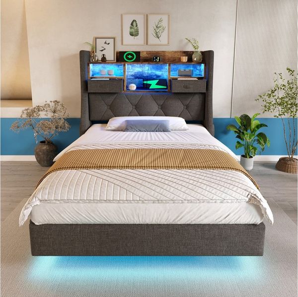 STILVORA Polsterbett 90x200 mit Matratze,Jugendbett Bettgestell mit LED-Licht&Ladestation (Funktionsbett, Struraumbett, 1-tlg, 90x200 cm, ohne Matratze), Schwebebett mit 1 Type-C, 3 USB-Anschlüsse