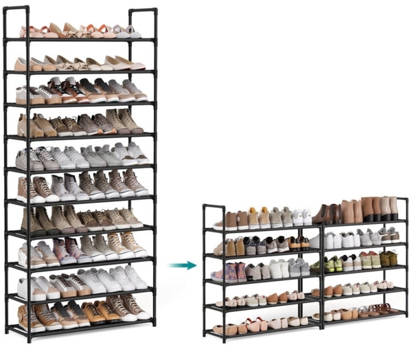 SONGMICS Schuhregal, 10 Ebenen, Schuhablage, Schuhaufbewahrung, schmal, 28 x 83 x 173 cm, Metallgestell, Ablagen aus Vliesstoff, für Flur, Schlafzimmer, schwarz