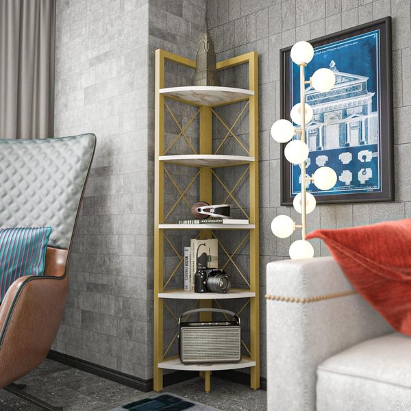 Hanah Home Modern Gold Bookshelf, 160 cm Tall, 30.5 cm Wide, 33 cm Deep | 100% Melamine Coated Particle Board, 18 mm Thick | Stylish & Glamorous Storage Solution