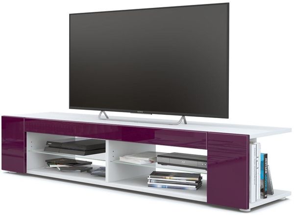 Vladon Lowboard Movie, TV-Kommode mit 4 offenen Fächern und Zierleisten, Weiß matt/Brombeer Hochglanz (134 x 29 x 39 cm)