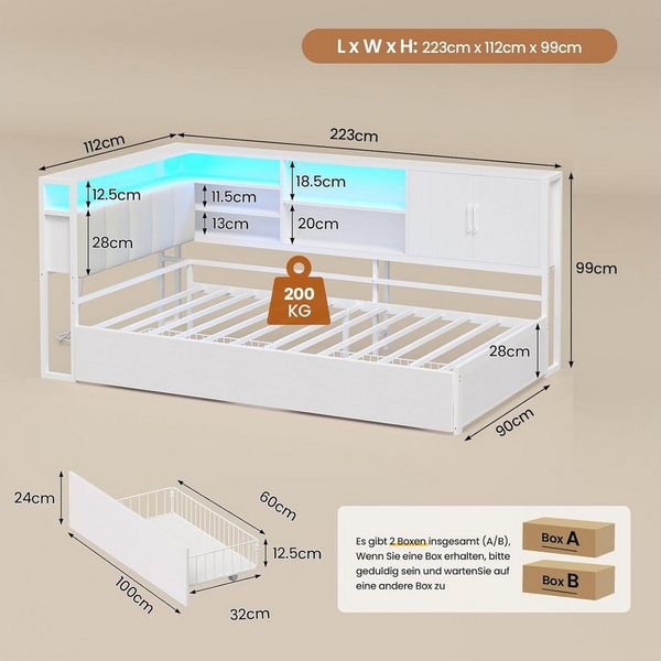 KIMENICH Daybett Tagesbett mit LED-Beleuchtung, USB-Ladestation und 2 Schubladen (1 tlg), Jugendbett Polsterbett mit Lattenrost aus Metall, 90x200cm
