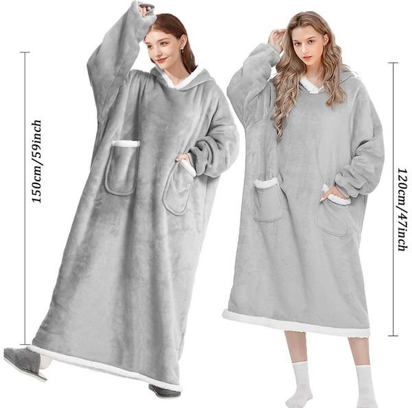 Wohndecke Extra Lange Kuscheldecke, Decke mit Ärmeln und Kapuze Wearable Decke, TUWENA, 120/150cm Tragbare Deckenhoodie Unisex Flanell Fleece Oversized Decke