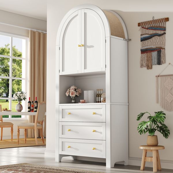 Hochschrank mit 3 Schubladen, offenen Fächern & Türen, 70x35x180 cm, Weiß