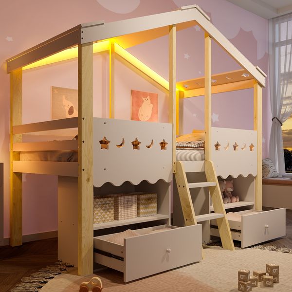 Halbhohes Bett,90x200 cm,Hausform,Hochbett,2 Schubladen,LED-Lichtleiste,ohne Matratze,Weiß + Natur