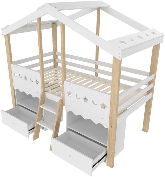 Halbhohes Bett,90x200cm,Hausform,Hochbett,2 Schubladen,LED-Lichtleiste,ohne Matratze,Wei? + Natur Bild 10