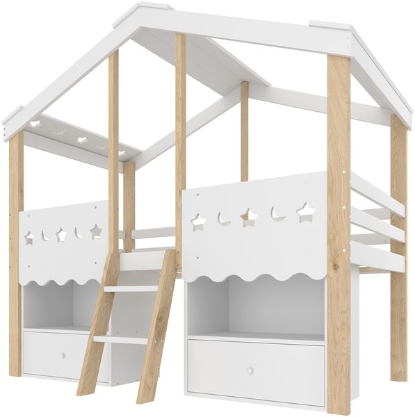 Halbhohes Bett,90x200cm,Hausform,Hochbett,2 Schubladen,LED-Lichtleiste,ohne Matratze,Wei? + Natur Bild 9
