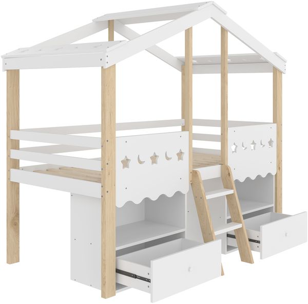 Halbhohes Bett,90x200cm,Hausform,Hochbett,2 Schubladen,LED-Lichtleiste,ohne Matratze,Wei? + Natur Bild 8