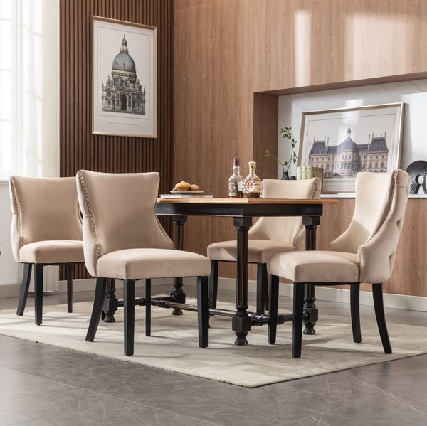 Esszimmerstuhl 50 x 41 x 91 cm im 4er-Set – beiger Samt mit Massivholzgestell
