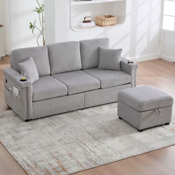 Sofa 194x73x81 cm Hellgrau mit LED, USB/TYPE-C, Stauraum und Cordbezug