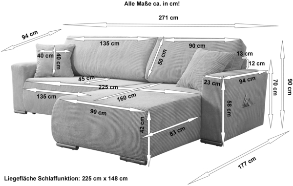 Sofa Couch Ecksofa Eckcouch Wohnlandschaft Schlaffunktion Lincoln Cord Bezug Bild 3