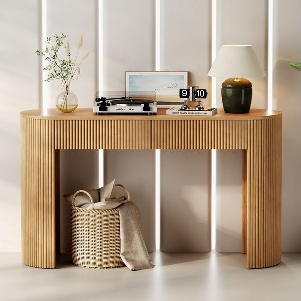 HAUSS SPOLE Konsolentisch Fluting ovale Tischplatte Kosmetiktisch mit Schubladen Sideboard Natur