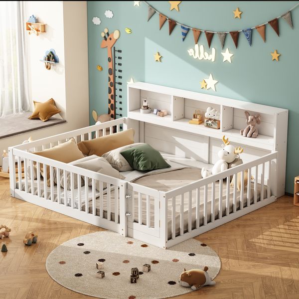 Kinderbett 140×200 cm aus Kiefernholz mit Stauraum und Rausfallschutz, weiß