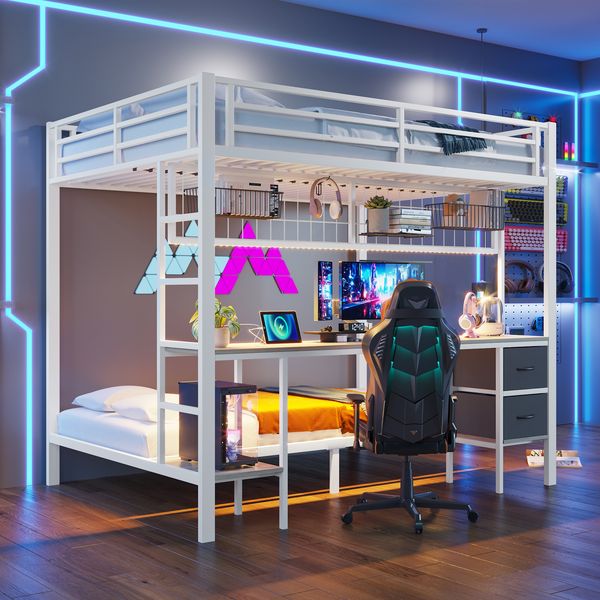 Hochbett 140x200 cm mit Schreibtisch, Stauraum, LED-Licht & Hängergitter – Kinder Jugend Etagenbett Arbeitsecke