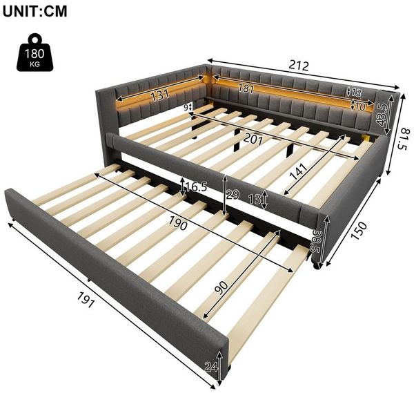 Ulife Daybett Daybett 140x200cm mit LED, USB-C & Ausziehbett (Leinen)