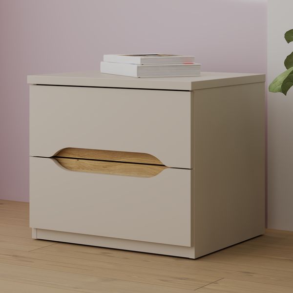 Forte EDWAL Nachttisch 50, moderner Nachtschrank mit abgerundeten Griffmulden, 2 Schubladen, Holzwerkstoff, Kaschmir | Beige Holzdekor, 50,4 cm breit x 44,3 cm hoch x 41,5 cm tief