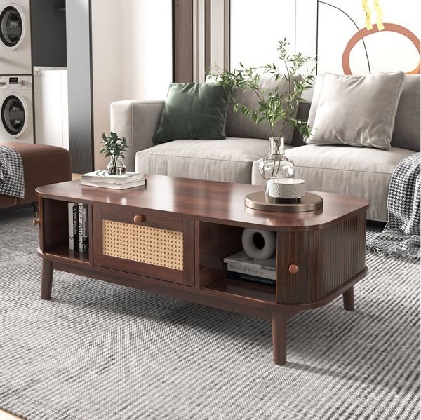 Celya Couchtisch Couchtisch Kaffeetisch, Schubladen mit Rattan und Schiebetüren 110cm