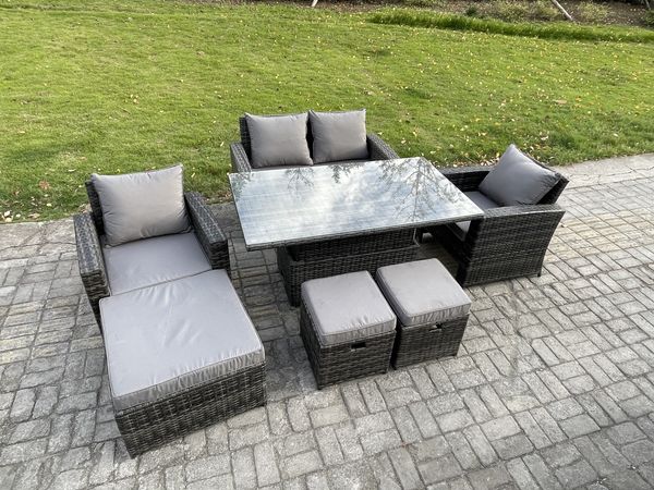 Fimous Gartenmöbel-Set im Freien 7-Sitzer Poly Rattan Sitzgruppe mit Einstellbare Höhe Esstisch 3 Hocker Dunkelgrau Gemischt