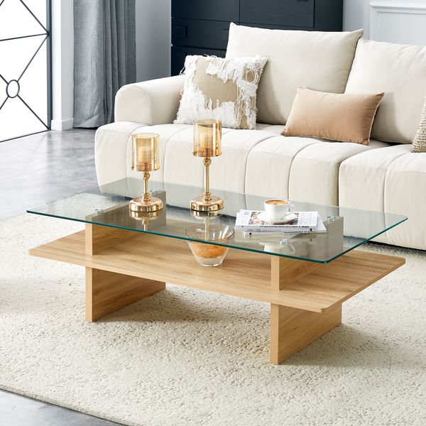 Couchtisch mit 2 Ebenen, gehärtetes Glas und MDF in natürlicher Holzoptik,40x115x55 cm