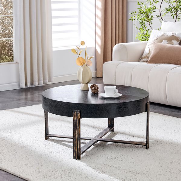 Couchtisch rund H 36 x 68 x 68 cm, MDF in schwarzer Holzoptik mit Metall-Kreuzgestell in Antikbronze