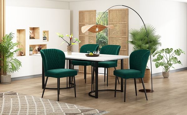 Esstischgruppe H 75 x T 80 x B 140 cm, MDF-Tischplatte in Weiß mit Metallbeinen, mit 4 Samt-Stühlen in Dunkelgrün