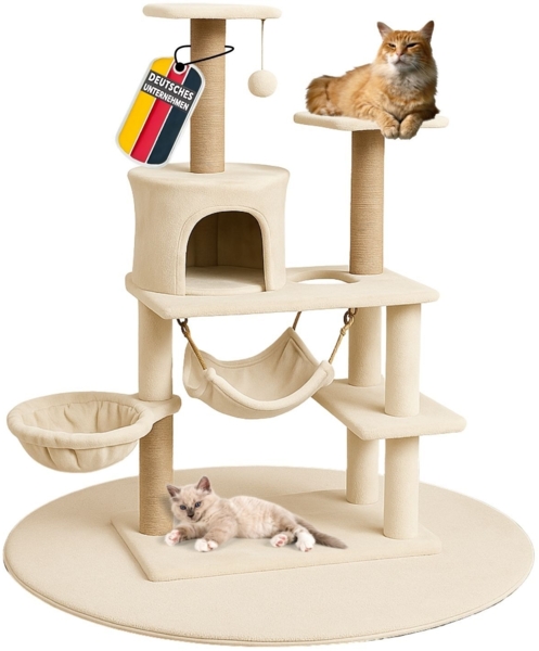 Coemo Kratzbaum für Katzen, mit Hängematten, Schlafhöhle, Ruheplatz, Sisal Stamm Weiß