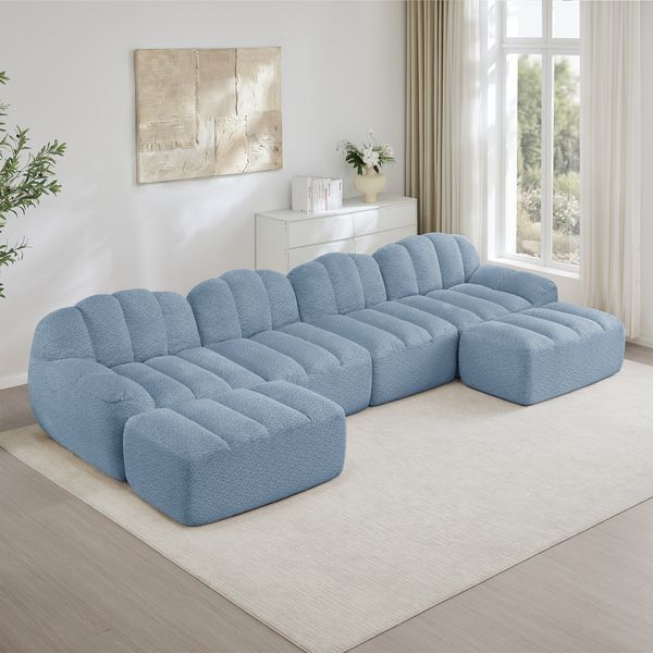 4-Sitzer modulares Sofa H 79 x T 366 x B 165 cm aus granuliertem Fleece in Blau, flexibel als U- oder L-Form