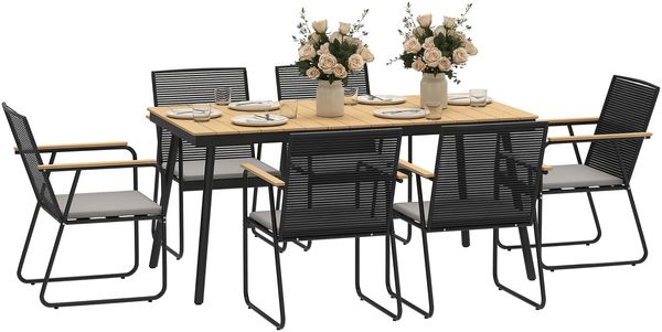 Sitzgruppe 7-teilig Metall Essgruppe für 6 Personen Esstisch mit Tisch 6 Stühlen Esszimmergruppe Naturholz+Schwarz