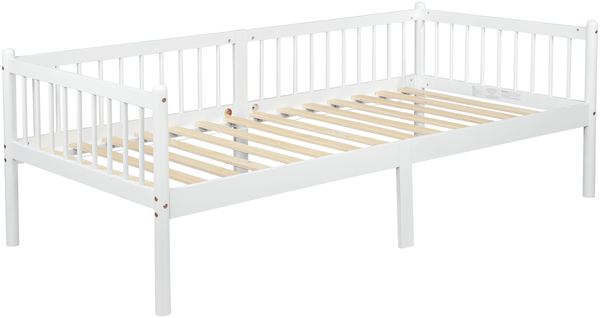 Flieks Einzelkinderbett 90 × 200 cm aus Kiefernholz, Tagesbett & Einzelbett mit 3-seitigem Schutzgitter, 14 Latten, hoher Bodenfreiheit und Stauraum, Weiß