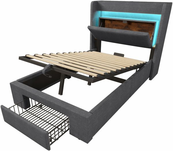 Polsterbett 90×200 cm mit hydraulischem Bettkasten, LED & USB/USB-C, Grau, ohne Matratze Bild 6