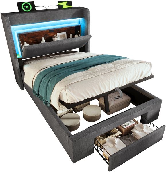 Polsterbett 90×200 cm mit hydraulischem Bettkasten, LED & USB/USB-C, Grau, ohne Matratze Bild 7