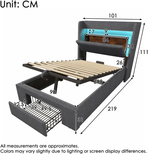 Polsterbett 90×200 cm mit hydraulischem Bettkasten, LED & USB/USB-C, Grau, ohne Matratze Bild 5