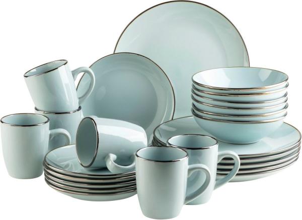 Modernes Geschirr Set fr 6 Personen mit messingfarbenem Rand, 24-teiliges Kombiservice mit randlosen Coupe-Formen; Mint