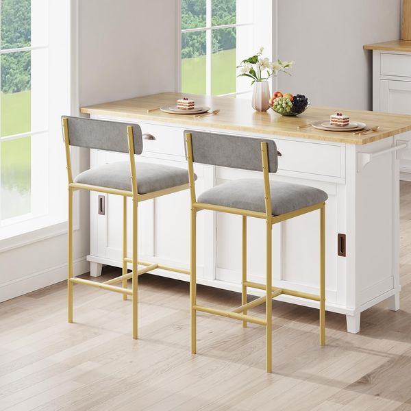 2er Set Barhocker, Barstuhl mit Rückenlehne & Fußstütze, Retro Barhocker mit Fußstütze, Bistrohocker 64cm Hohe, Küchenhocker Einfache Montage, Industrie-Design für Bistro, Küche, Esszimmer, Golden