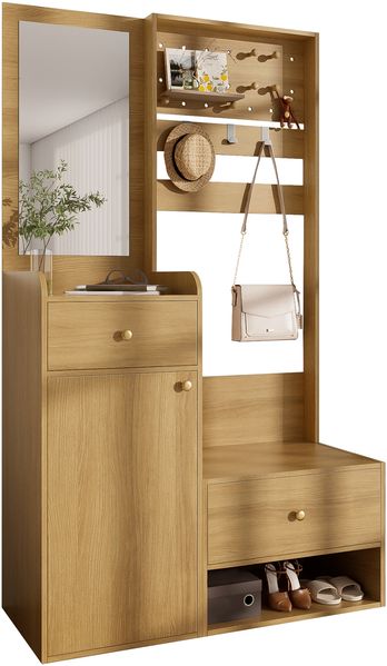 Kompaktgarderobe, Modernes Multifunktionales Eingangsregal – Elegante holzfarbene Aufbewahrung mit Spiegel, verstellbaren Haken und geräumigen Regalen für Schuhe, Mäntel und kleine Gegenstände, 105 cm