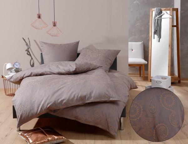 Bettwaesche-mit-Stil Mako-Satin Damast Paisley Bettwäsche "Davos" gold braun - grau Garnitur 200x220 + 2x 80x80
