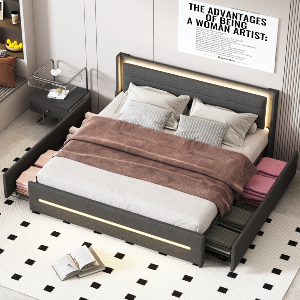 Polsterbett 180x200 mit LED-Beleuchtung, 4 Schubladen & gepolstertem Kopfteil, graues Doppelbett mit Stauraum