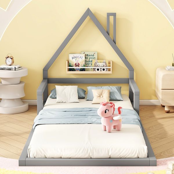 Kinderbett 90×200 cm Hausform mit Rausfallschutz-Optik Grau ohne Matratze