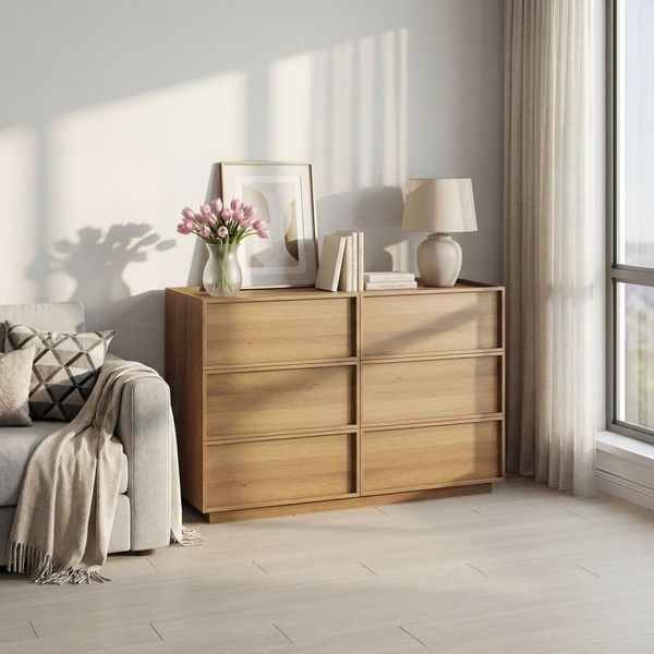 BBWL Stauraumschrank Kommode 6 Schubladen Holz Eiche modern Sideboard groß Aufbewahrungsschrank Schlafzimmer Wohnzimmer stabil grifflos