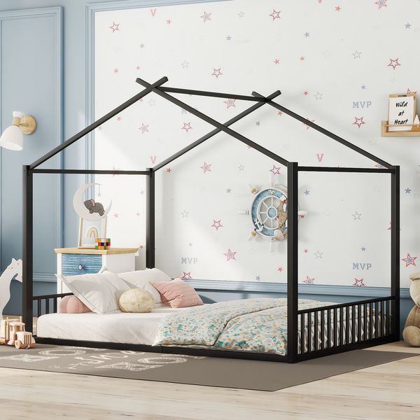 140*200cm Flachbett, Eisenrahmenbett, Kinderbett, Hausleiste, Schwarz
