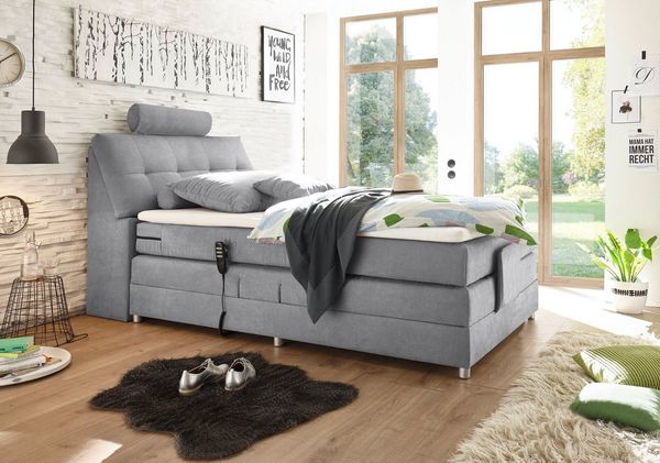 Stella Trading Palermo 2 Boxspringbett 120x200 elektrisch verstellbar, Hellgrau-Bequemes Einzelbett mit dekorativer Steppung & Komfortschaum Topper, Holzwerkstoff, 120x200 cm