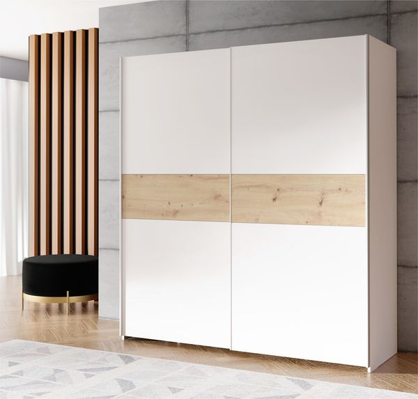 Forte URBANLINE Kleiderschrank 170, moderner Schwebetürenschrank, 2-türig, Schlafzimmer, Holzwerkstoff, Weiß mit Artisan Eiche Holzdekor, 170,3 cm breit x 190,5 cm hoch x 61,2 cm tief